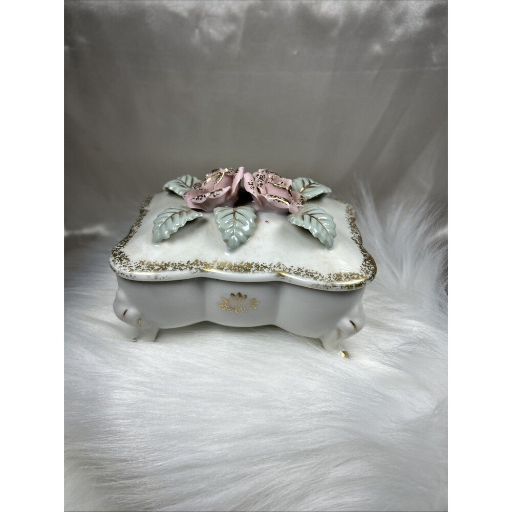 Vtg 1950s Lipper Mann LM Bond Ware Porcelain Footed Trinket Box Pink Roses Gold